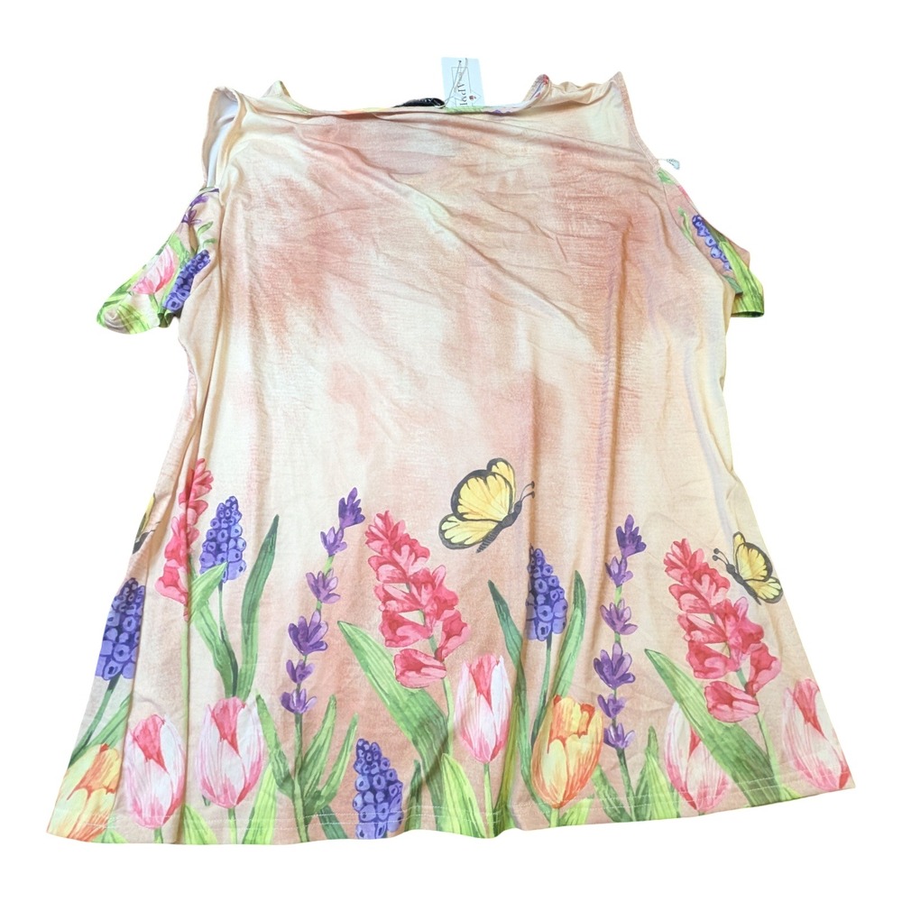 Bon Apple Tea Cold Shoulder Floral Butterfly Top 4X Peach Short Sleeve